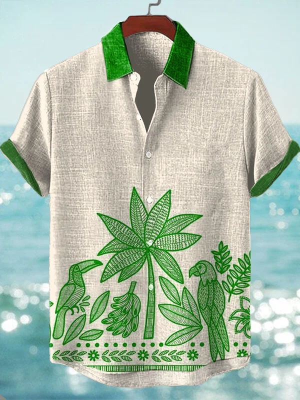 Men's Plants And Woodpeckers Print Short Sleeve Shirt