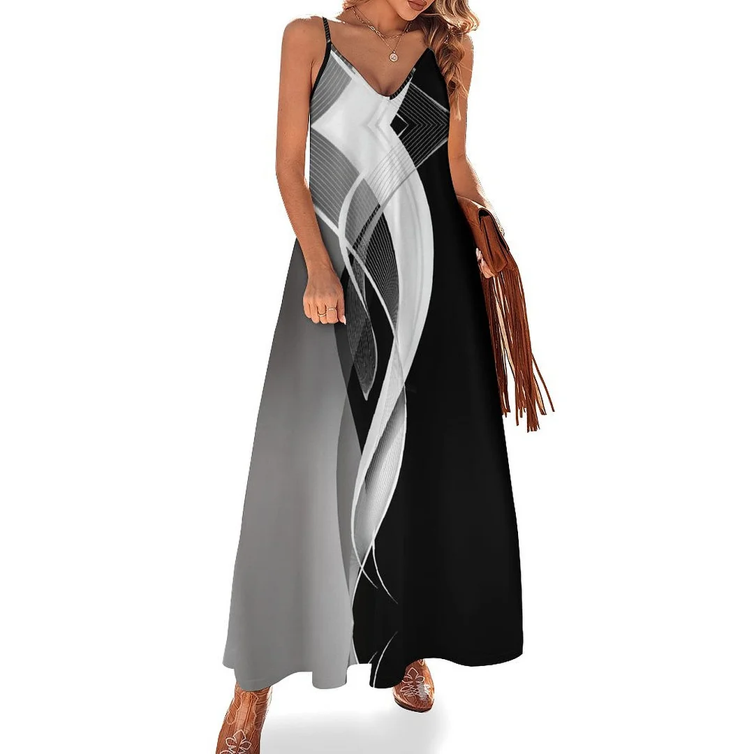 Style & Comfort for Mature Women Plus Size Printed Sling Casual Women Maxi Dress in Pattern Graphic, Black, Ray