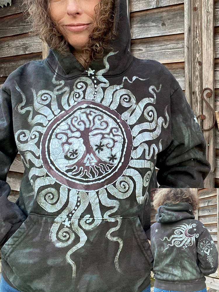 Comstylish Retro Tribal Viking Tree Medallion Graphic Print Hoodie