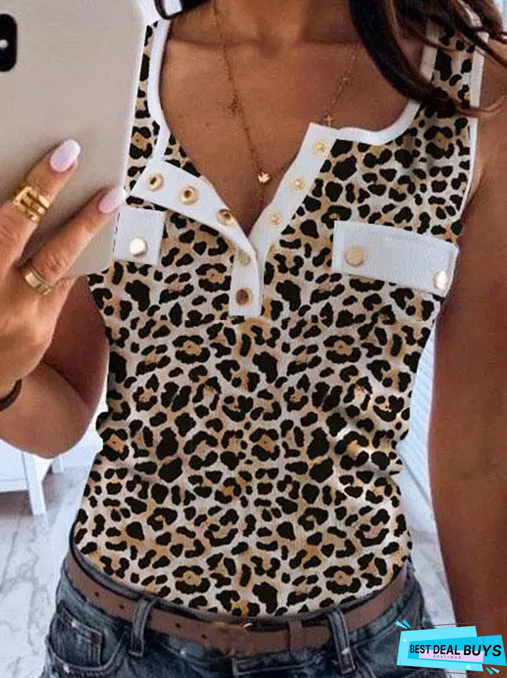 Casual Leopard Buckle V Neck Tank & Cami