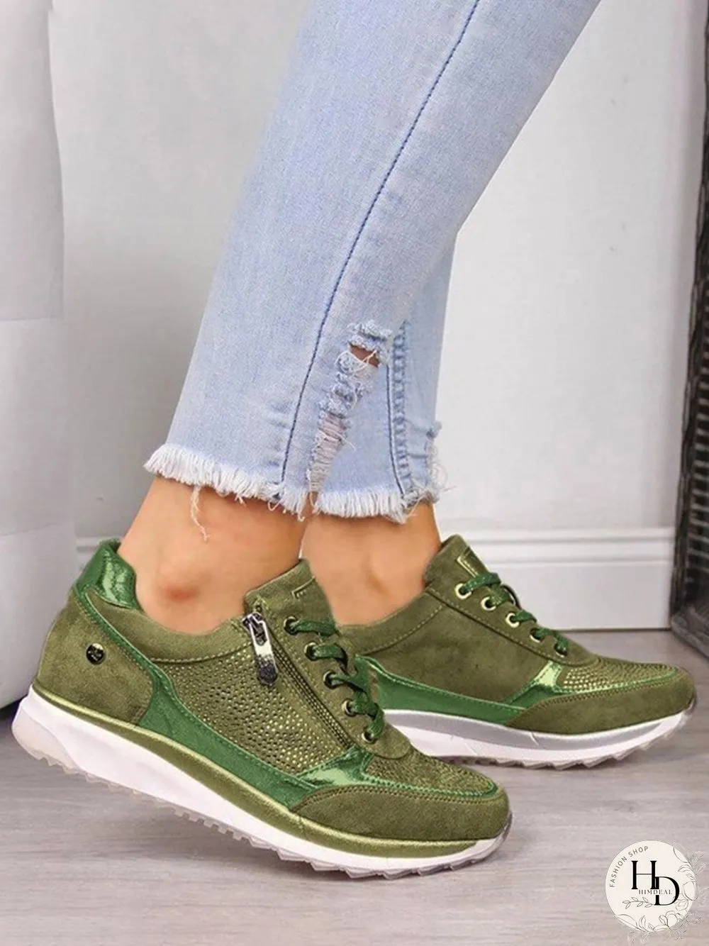 Diamond Panel Zip Lace-Up Casual Shock Absorbing Sneakers
