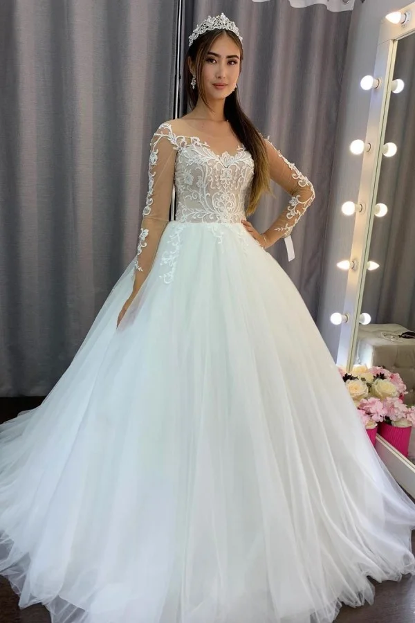 Stylish Tulle Long Sleeves A-line Wedding Dress With Lace | Ballbellas Ballbellas