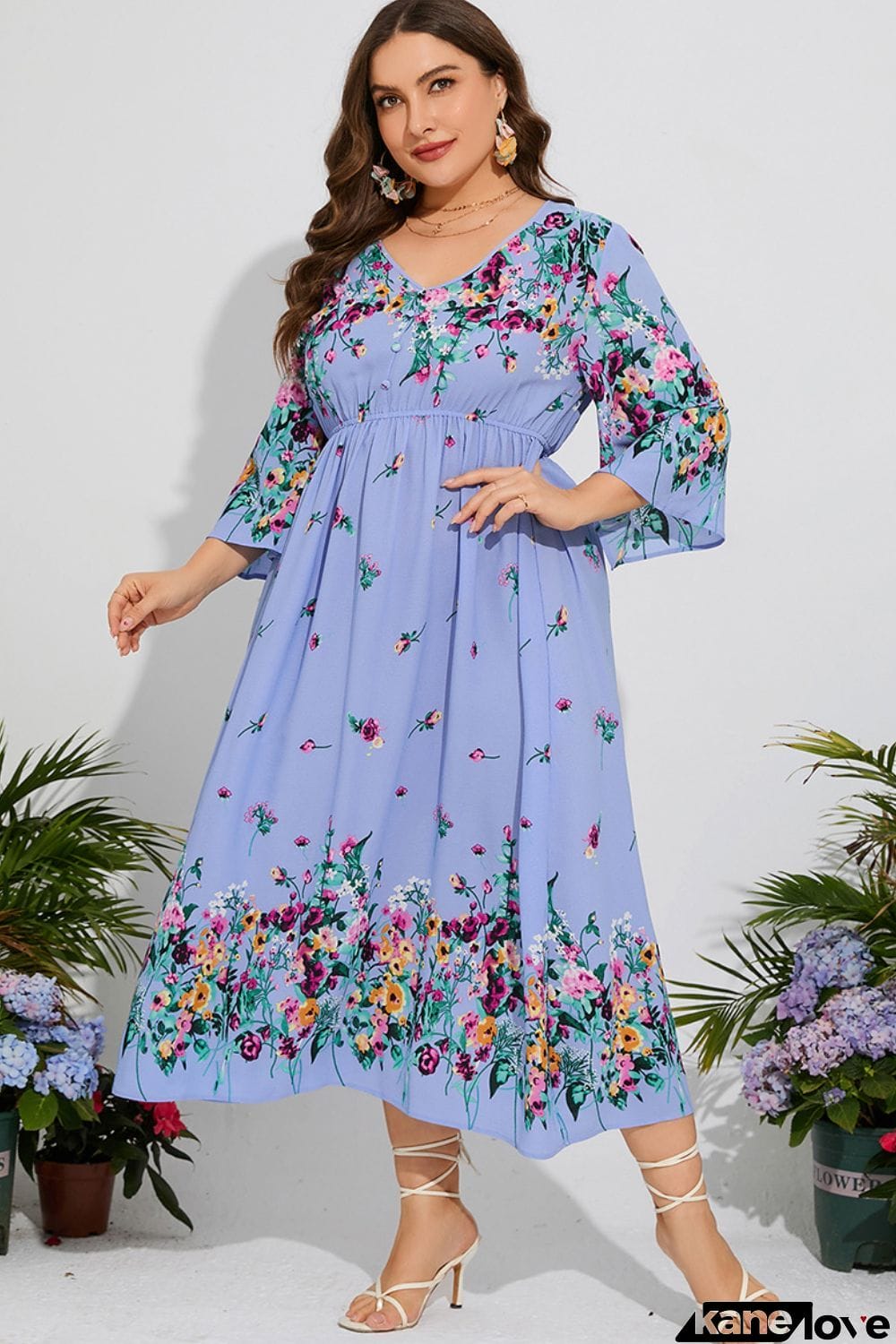 Plus Size Floral V-Neck Three-Quarter Sleeve Midi Dress