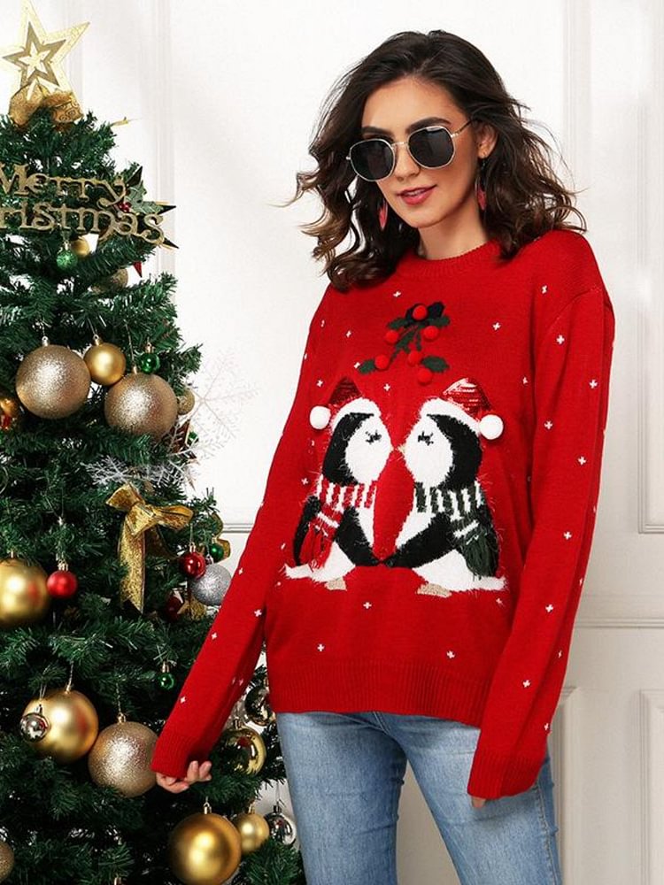 Mayoulove Women's Sweater Penguin Jacquard Loose long-sleeve Christmas Pullover-Mayoulove
