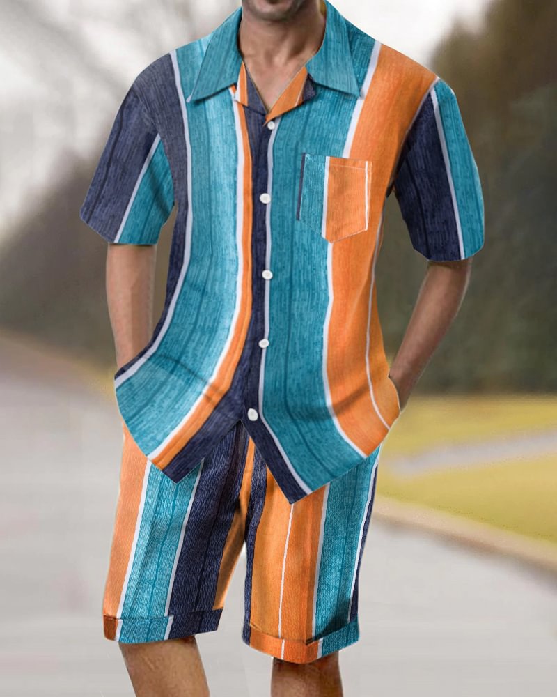 Casual Men's Short Sleeve Suit Men's Striped Print