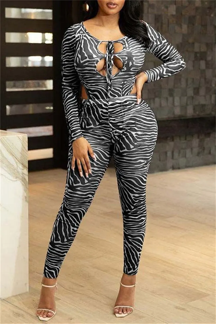 Fashion Sexy Print Bandage Hollowed Out O Neck Long Sleeve Two Pieces