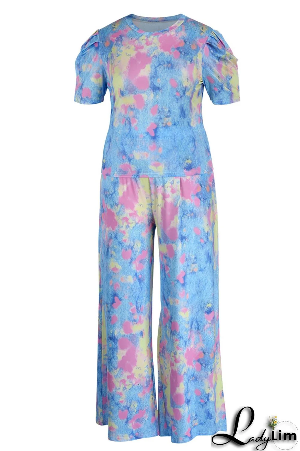 Cyanine Casual Print Patchwork O Neck Plus Size Two Pieces