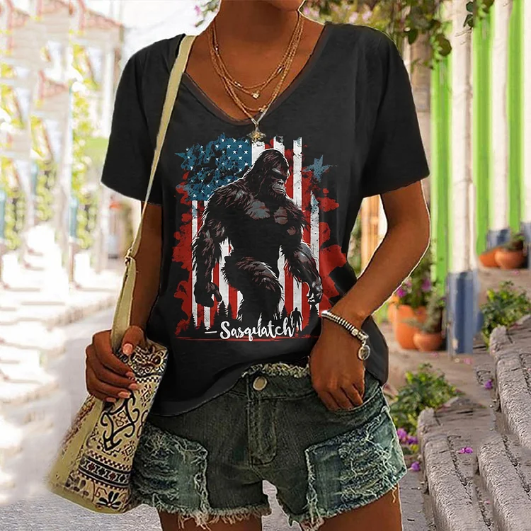 VChics Flag Bigfoot Monster Print V-Neck Short Sleeve T-Shirt