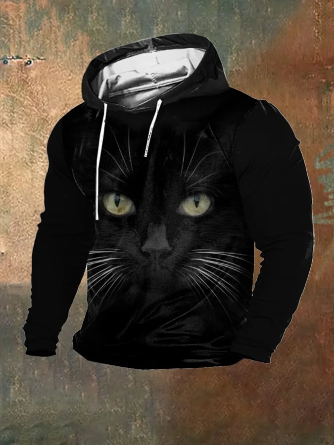 Men's Fleece Retro 3D Cat Print Hooded Sweatshirt