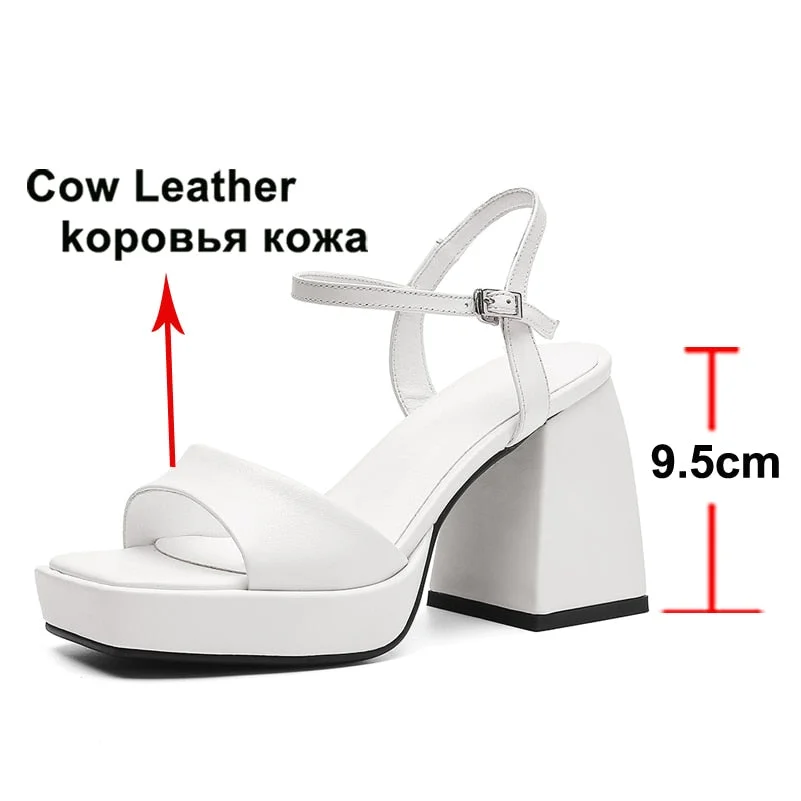 Meotina Women Shoes Genuine Leather Super High Heel Platform Thick Heel Sandals Square Toe Ladies Footwear Fashion Summer White