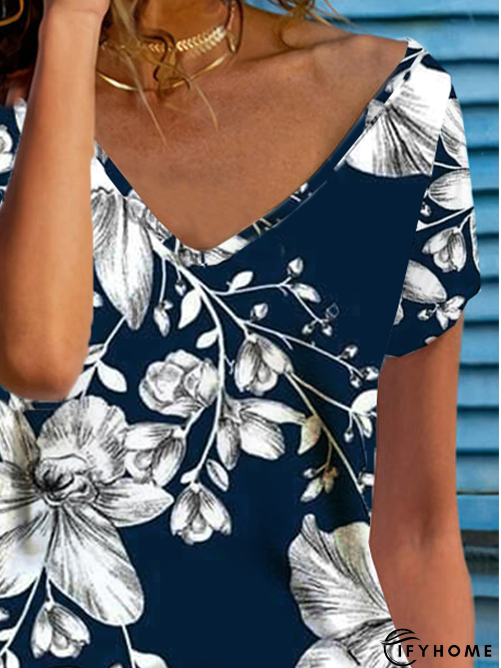 Vacation Floral Casual Loosen V Neck Short Sleeve T-Shirt | IFYHOME
