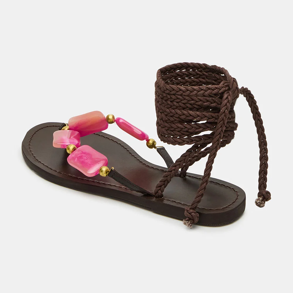 Dark Brown Braided Open-Toe Pink Stone Decor Flat Sandals for Women