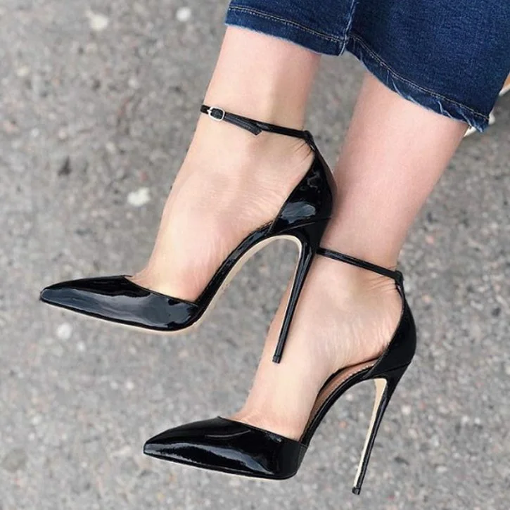 Black Patent Leather Stiletto Heels Pointy Toe Ankle Strap Pumps|FSJshoes