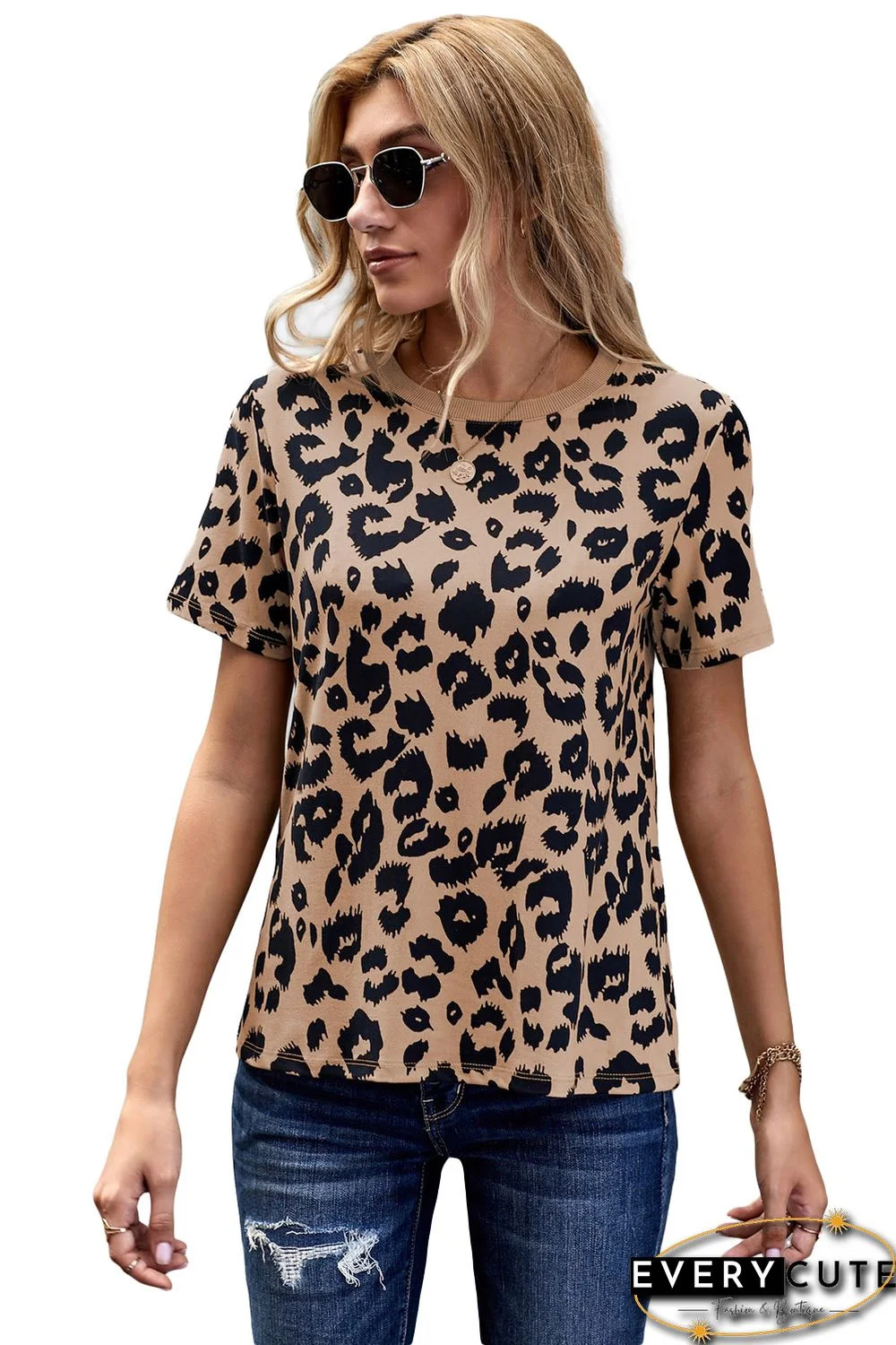 Crew Neck Leopard Print Basic T-shirt