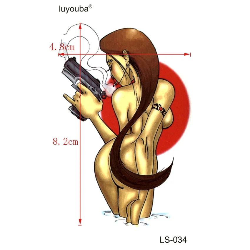 A woman with a pistol waterproof temporary tattoos men harajuku flash tattoo sticker Killer tatoo sleeves fake tatto