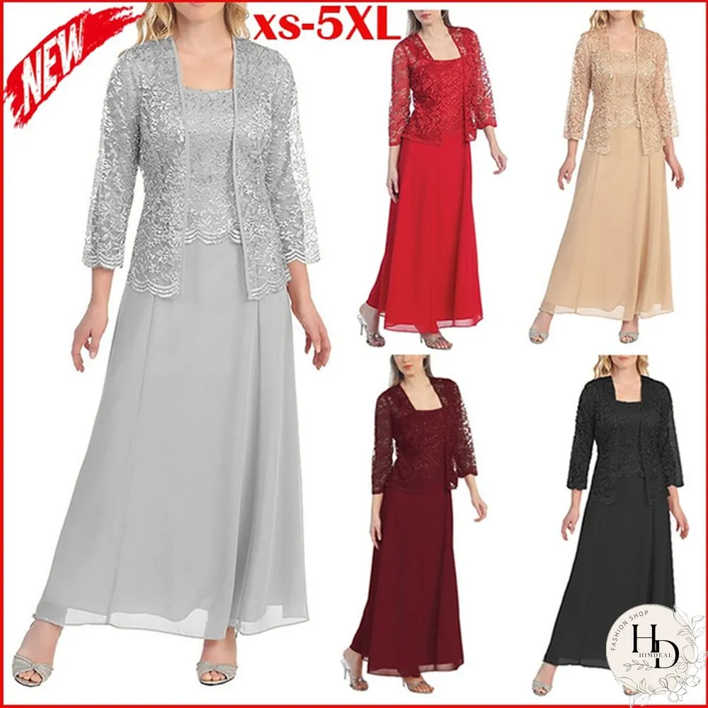 New Women Lace Cardigan And Chiffon Maxi Skirt Two-Piece Ladies Fashion Long Chiffon Dress Mother Of Groom Dress With Lace Long Sleeve