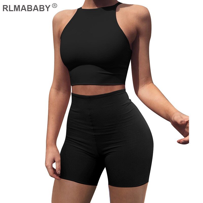 Skinny 2 Piece Set Women Tank Top And High Waist Shorts Set Suit Summer Night Club Sexy Set Casual Ladies White Tracksuit Cloth
