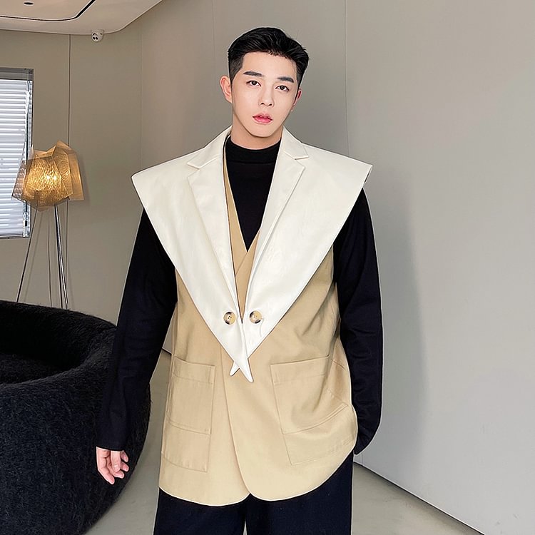 dawfashion-M0349 P125 Korean Style Personality Designer Waistcoat Suit Style with Leather Vest-Dawfashion- Original Design Clothing Store-Halloween 2022