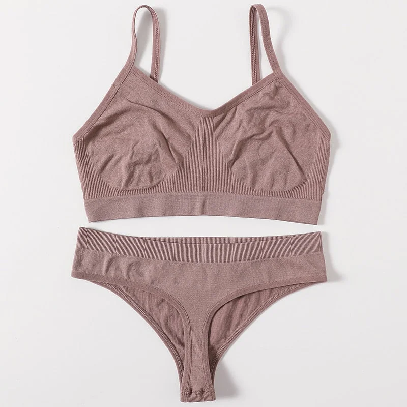 2PCS Women Bra Set Seamless Underwear Sexy Female Bralette Top Backless Bra Thong Panties No-Wired Brassiere Home Lingerie Set
