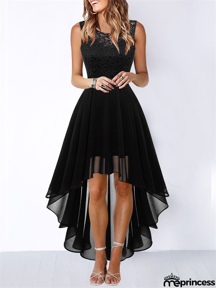 Women's Lace Splicing Round Neck Backless Chiffon Elegant Dress