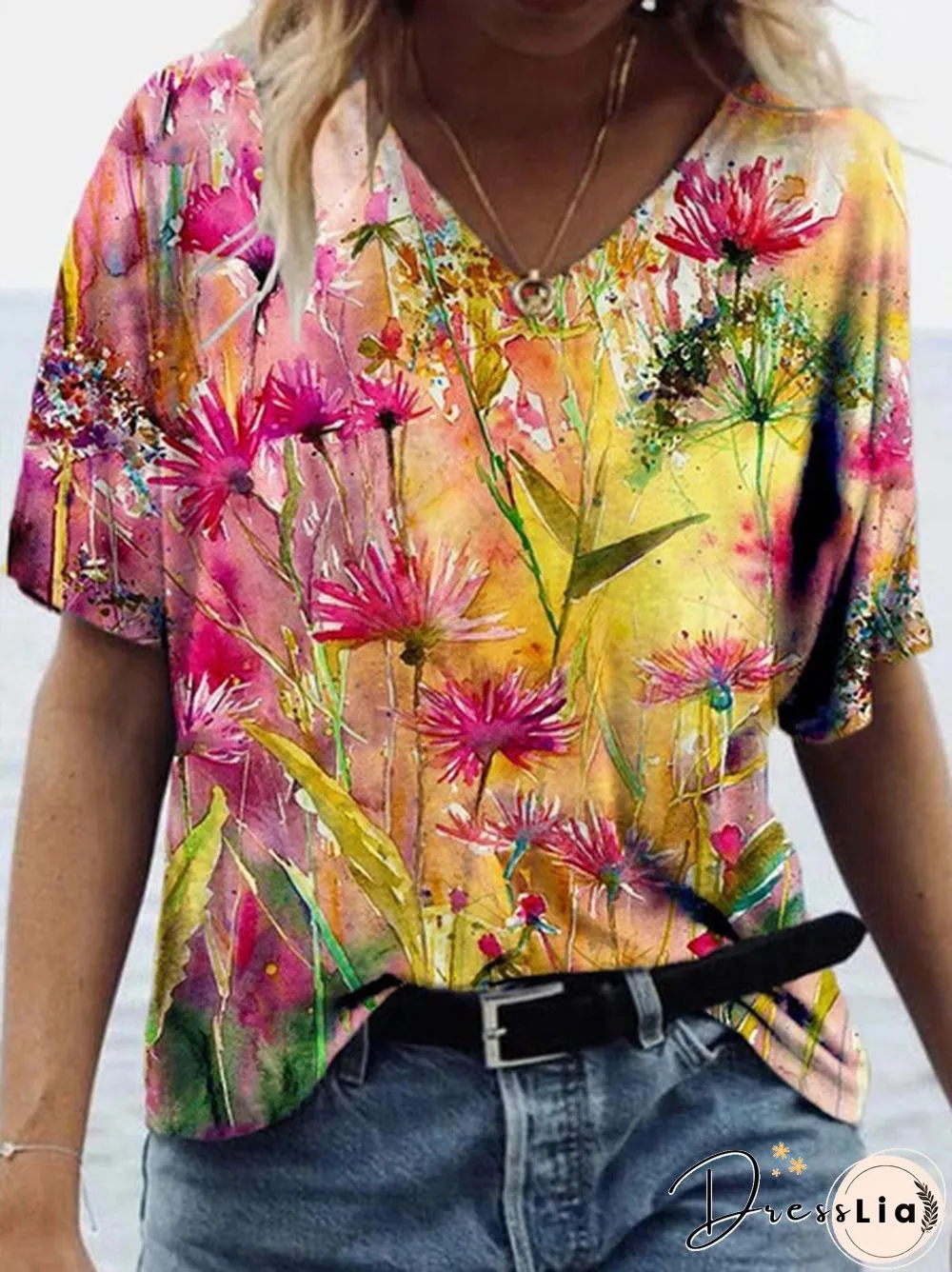 Spring And Summer Women's Printed Short Sleeve Tops Casual Shirts Plus Size Blouse Fashion V-neck Tshirt Plus Size XS-8XL