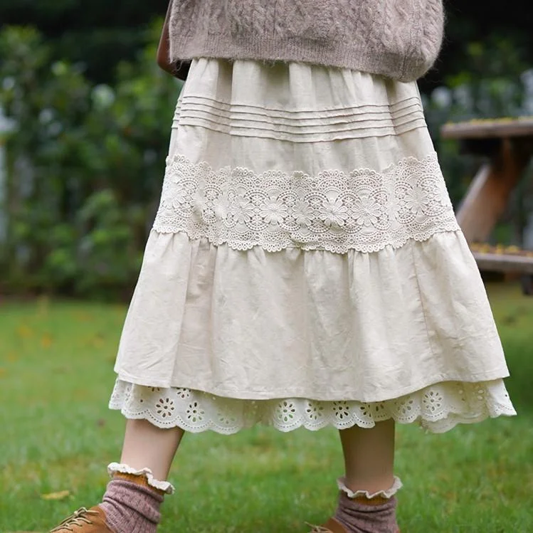 Queenfunky cottagecore style Linen Double Layered Skirt With Lace Hem QueenFunky