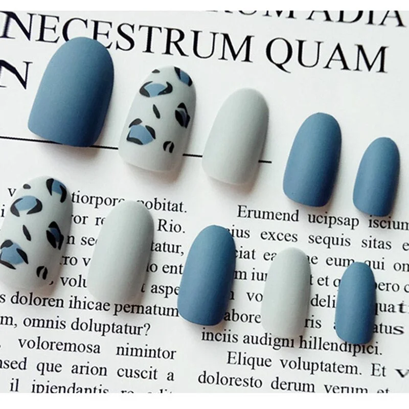 24pcs/Set European Matte False Nails Full Finished Blue Leopard Pattern Fake Nails Beauty Artificial Full Cover Nail Art Tips-Nail Inspo