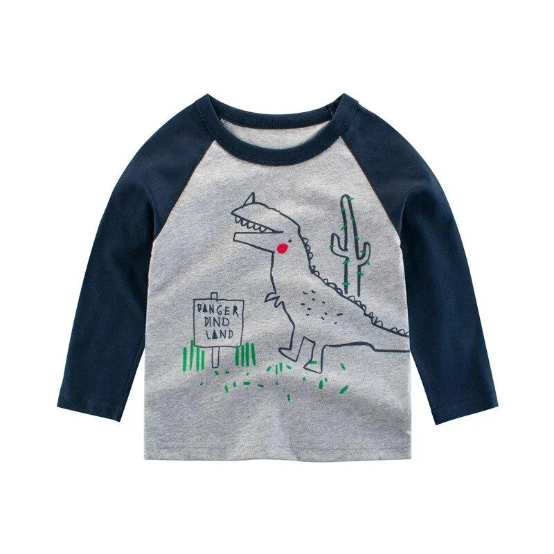 2-8 Years Kids T-shirts Boys Dinosaur Print Tops Girls Splice Long Sleeve T Shirt Children Autumn Winter Solid Cotton Sweatshirt