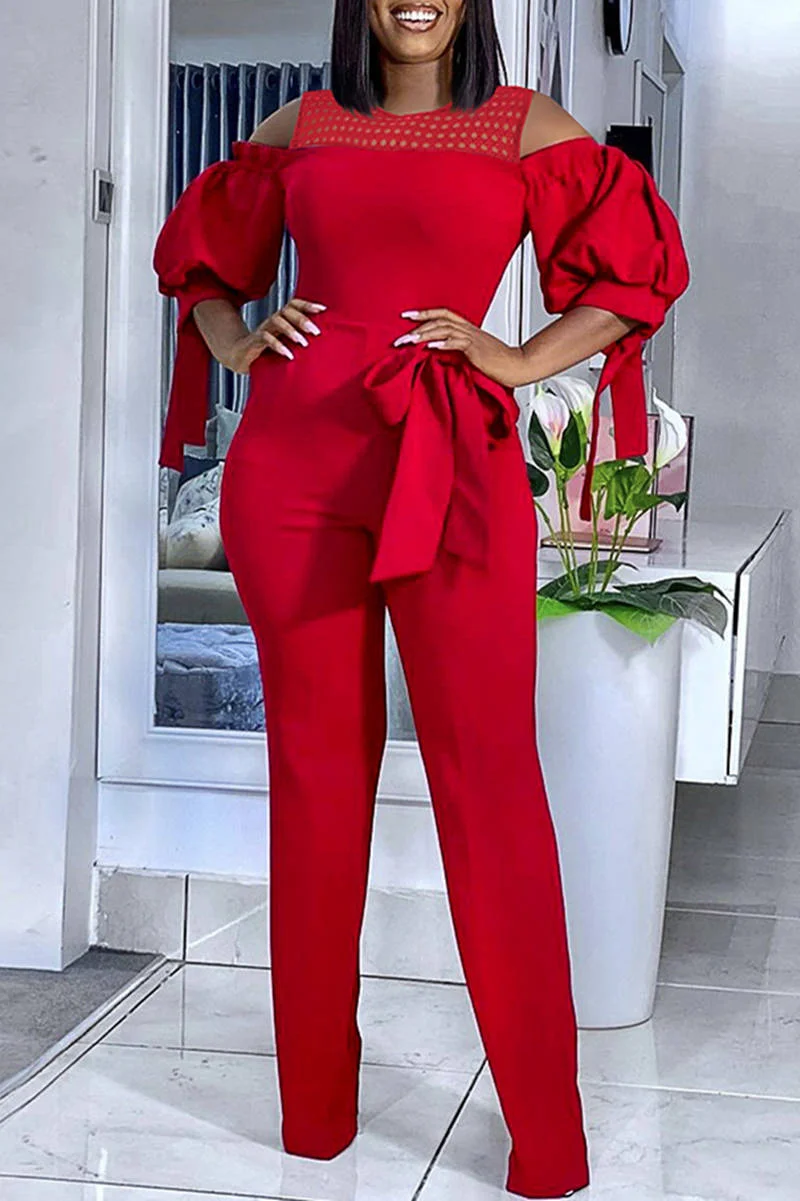 Fashion Casual Solid Bandage Hollowed Out Split Joint O Neck Regular Jumpsuits