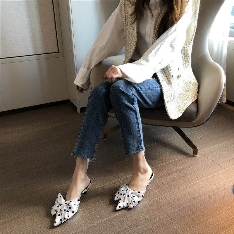2021 New Spring Slippers Women's Korean-Style Pointed Polka Dot Bow Stiletto Mid-Heel Low Heel Slippers Polka Dot Half Slippers