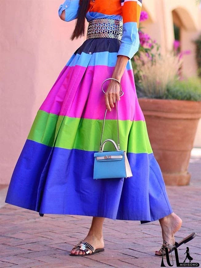 MidiSono - Loose Three-Quarter Sleeves Buttoned Contrast Color Striped Lapel Collar Midi Dresses