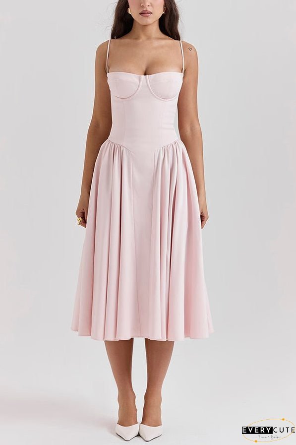 Solid Color Vintage Slim Fit Suspender Pocket Midi Dress