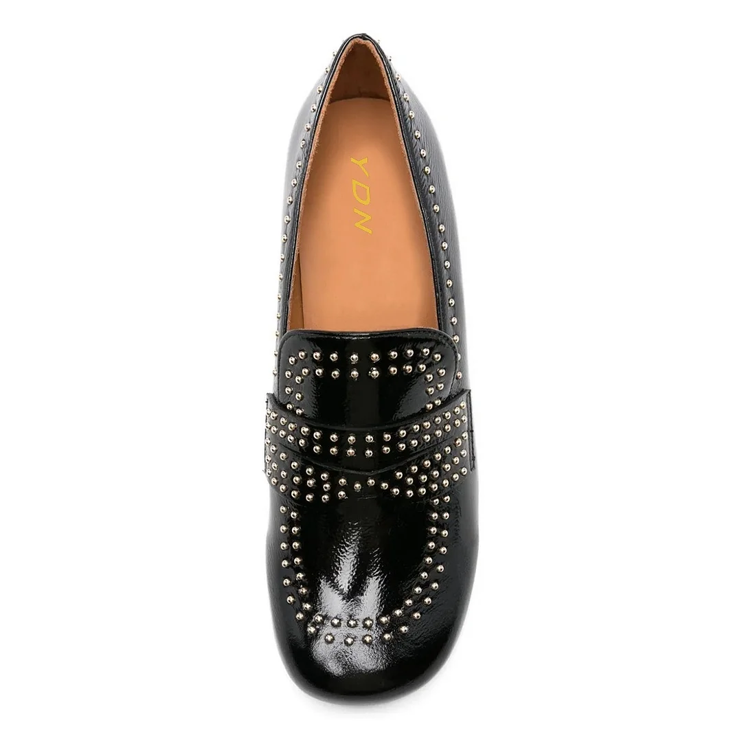 Chic Black Round Toe Chunky Heel Studded Slip On Women's Loafers