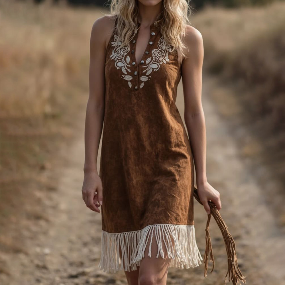 Women's Vintage Western Paisley Brown Suede Vest Dress