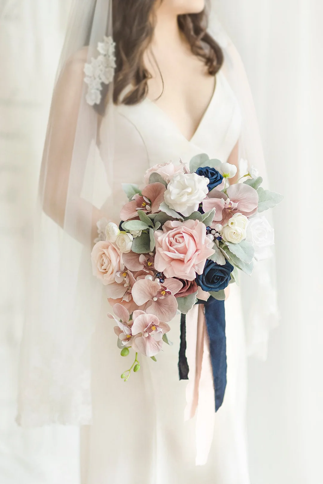 Standard Cascade Bridal Bouquet in Dusty Rose & Navy