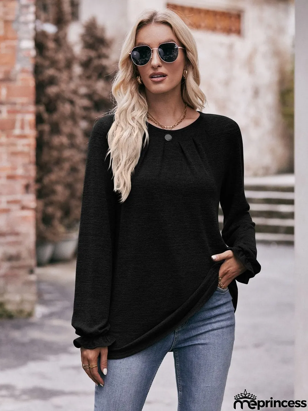Long Flounce Sleeve Round Neck Blouse