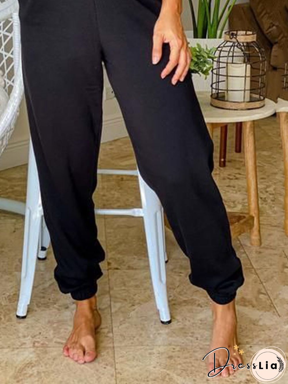 Casual Plain Elastic Waist Pockets Loose Sweatpants