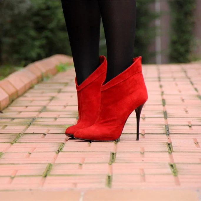 Red Suede Stiletto High Heel Ankle Booties Vdcoo