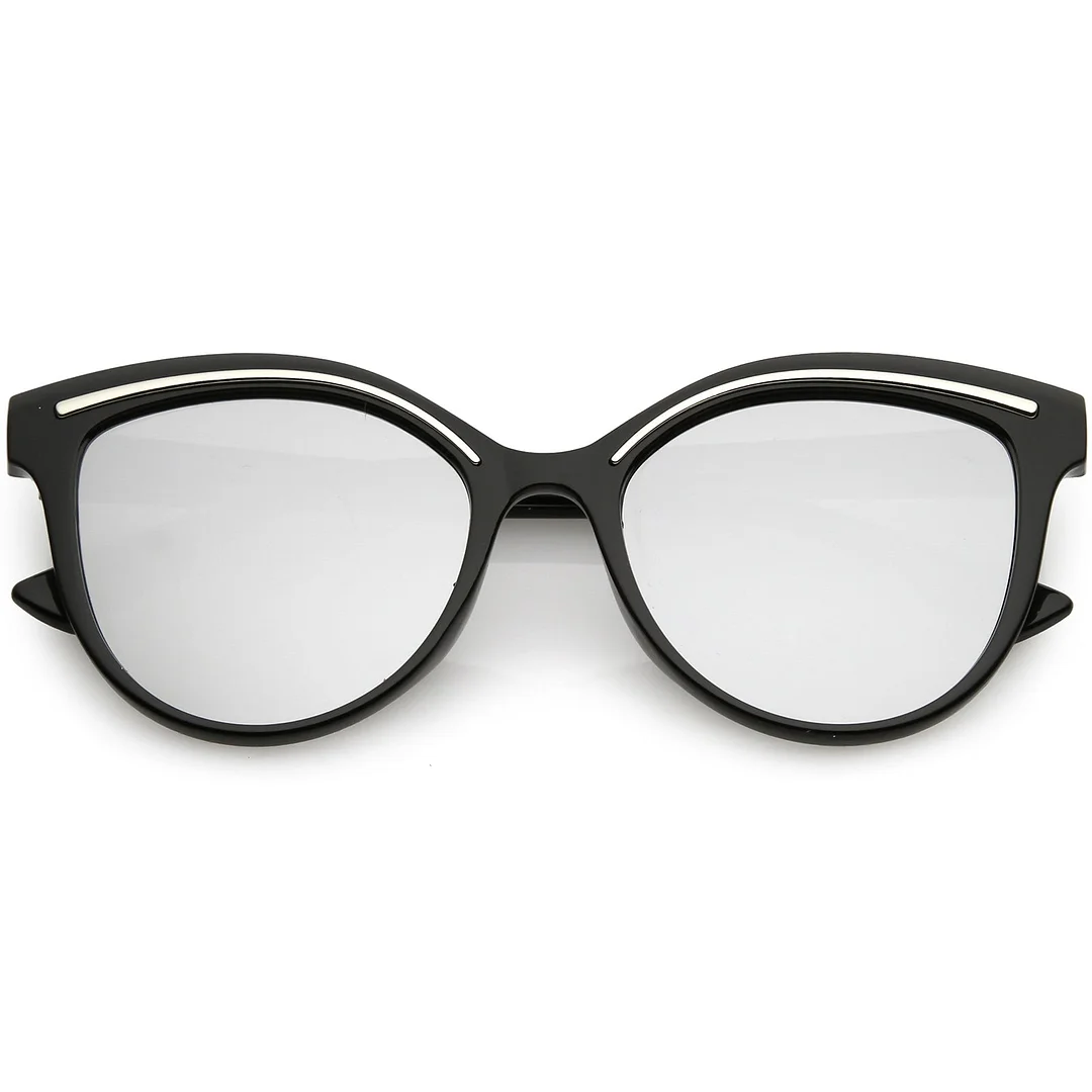 Modern Cat Eye glasses Metal Brow Detail Round Colored Mirror Flat Lens 53mm