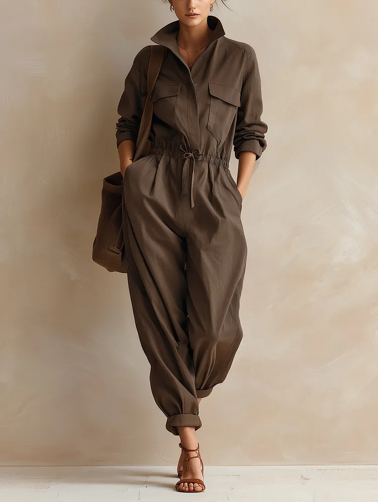Women&rsquo;s Casual Utility Jumpsuit &ndash; Long Sleeve Cargo Romper With Drawstring Waist And Relaxed Fit