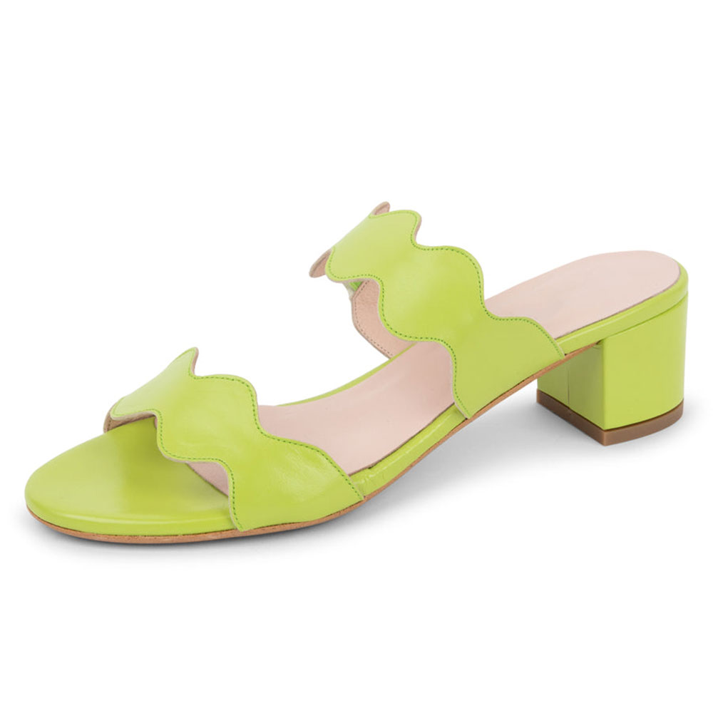 Lime Green Round Toe Mid Heel Two Straps Mule Shoes for Women Nicepairs