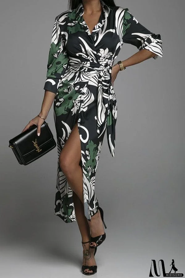 MidiSono - Lasting Daydream Printed Wrap Shirt Midi Dress