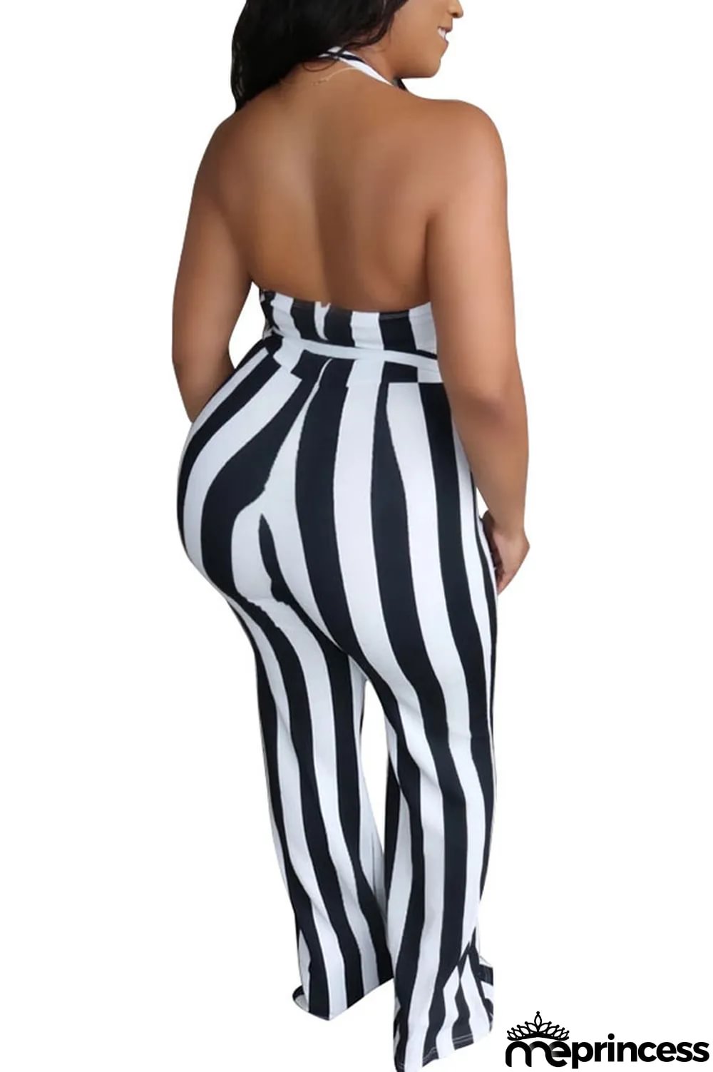 Black Fashion street Striped Backless Polyester Sleeveless V Neck Jumpsuits