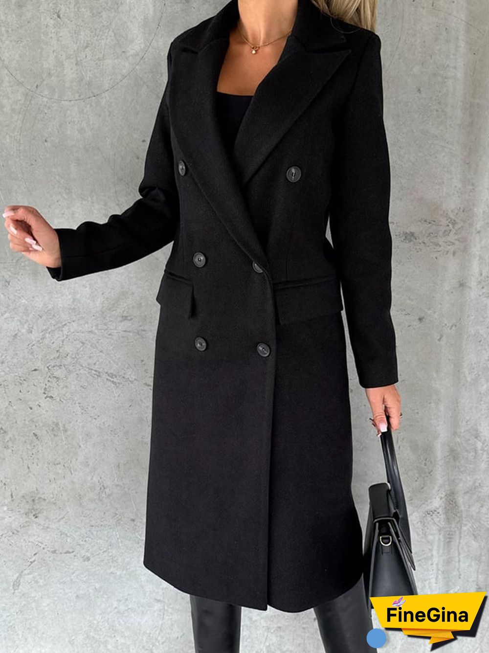 Fashion Lapel Double-Breasted Solid Color Long-Sleeved Coat Coat