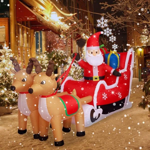 🔥kukelife🔥Christmas-8 ft l pre lit built in led santa claus on sledge with 2 reindeer christmas inflatable
