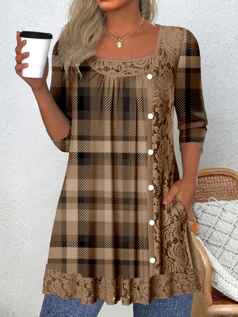 Women's Long Sleeve Scoop Neck Graphic Lace Buttons Halloween Top