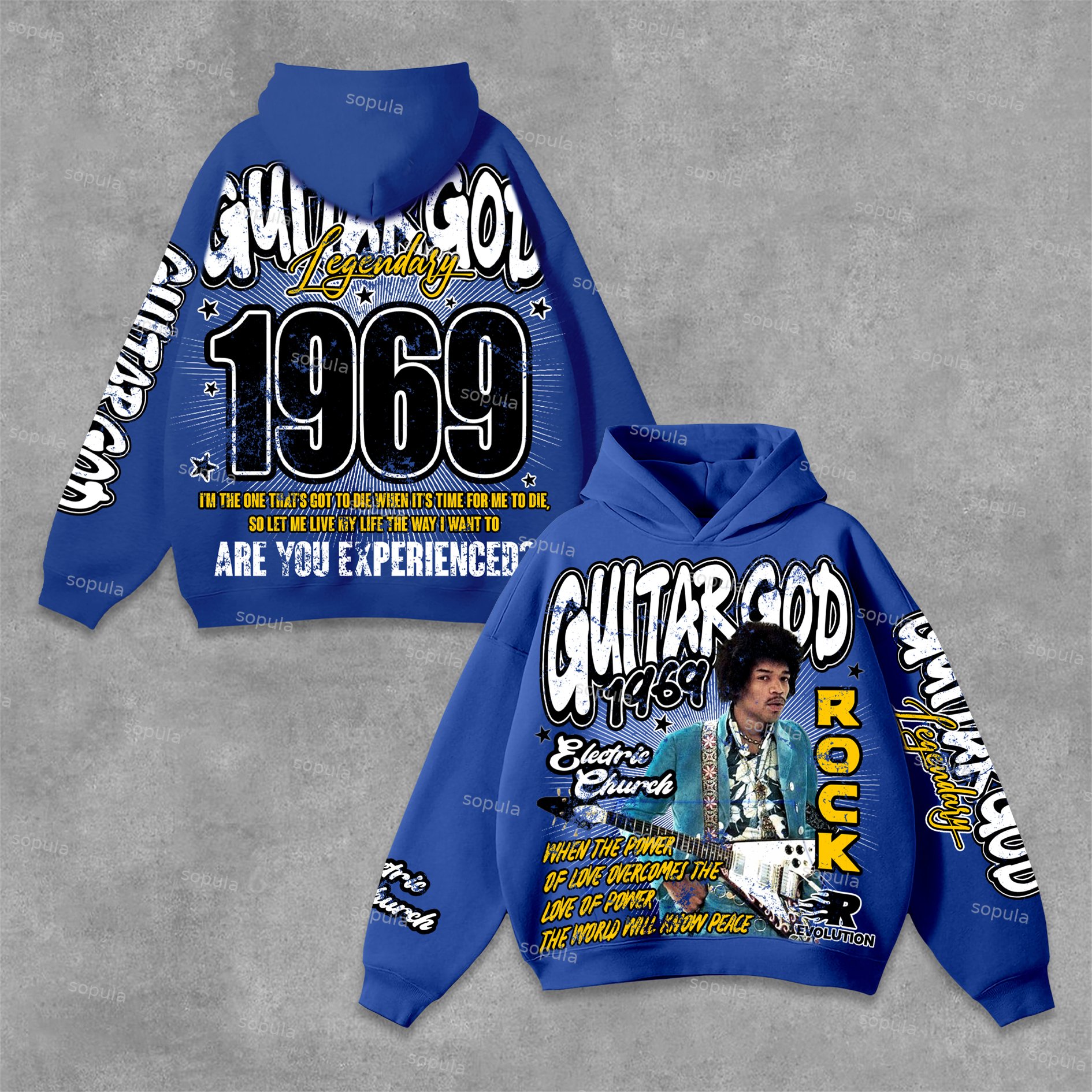 Sopula Jimi Hendrix Art 1969 Guitar God Graphics Hoodie - SOPULA