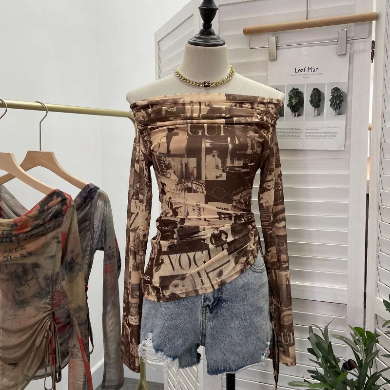 Uveng Vintage Graffiti-Printed Shoulder-Threin Mesh Long-Sleeved Blouse Side Drawstring Tethered With Slime T-Shirt 8959