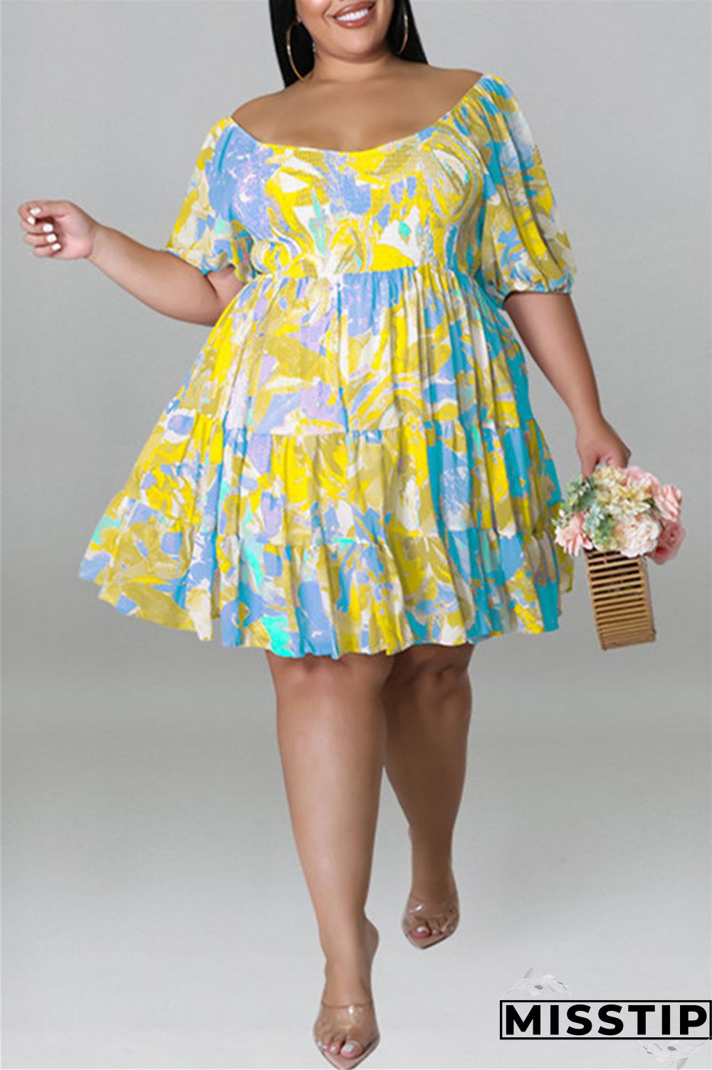 Blue Fashion Casual Plus Size Print Patchwork O Neck Short Sleeve Dress