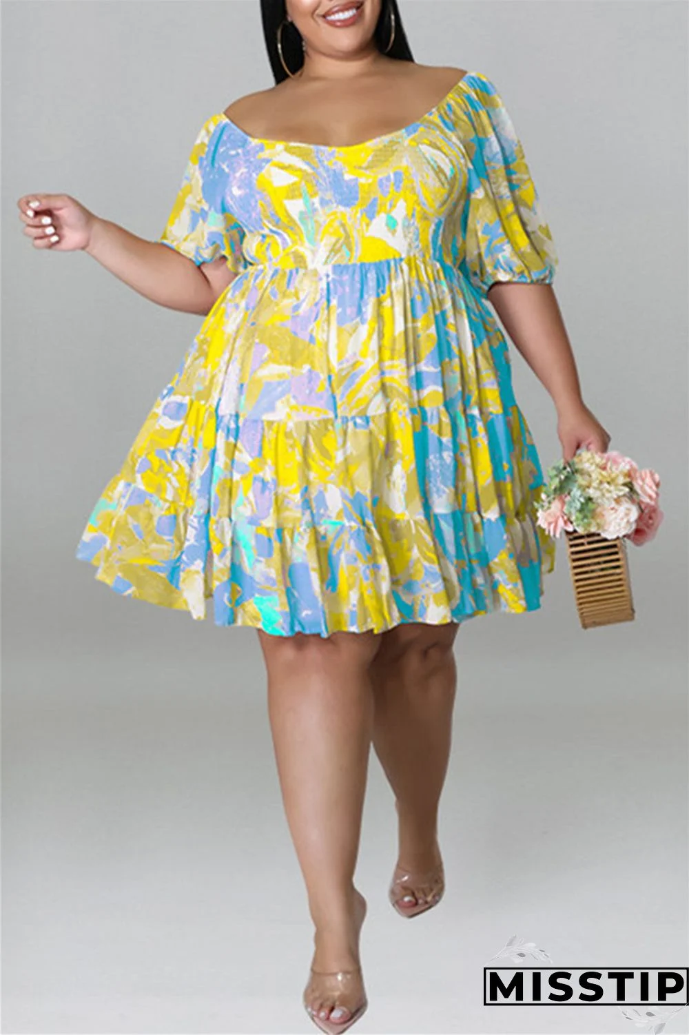Blue Fashion Casual Plus Size Print Patchwork O Neck Short Sleeve Dress